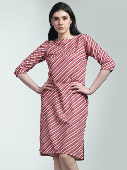 Boat Neck Striped Shift Dress - Pink