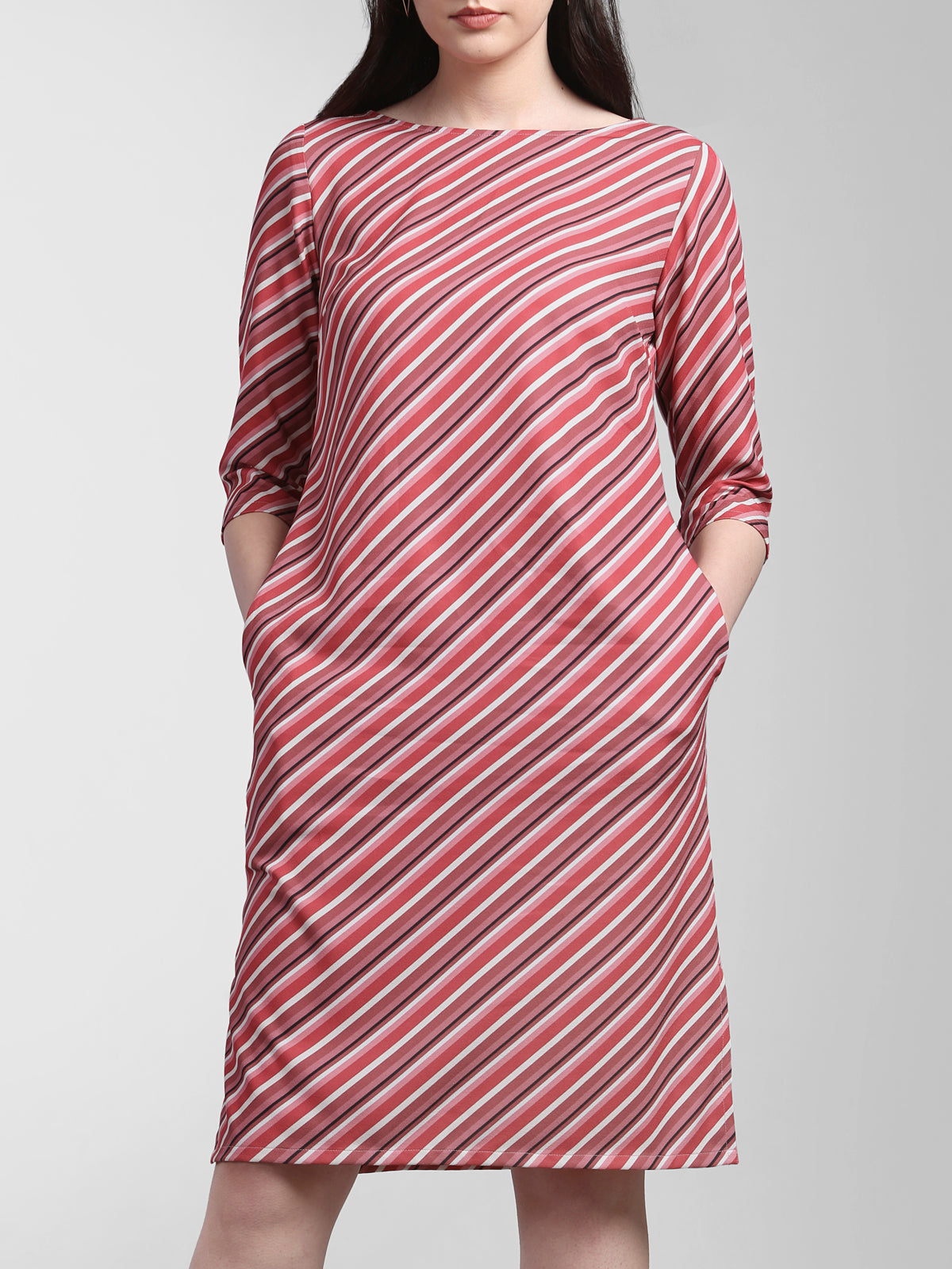 Boat Neck Striped Shift Dress - Pink