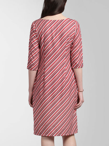 Boat Neck Striped Shift Dress - Pink