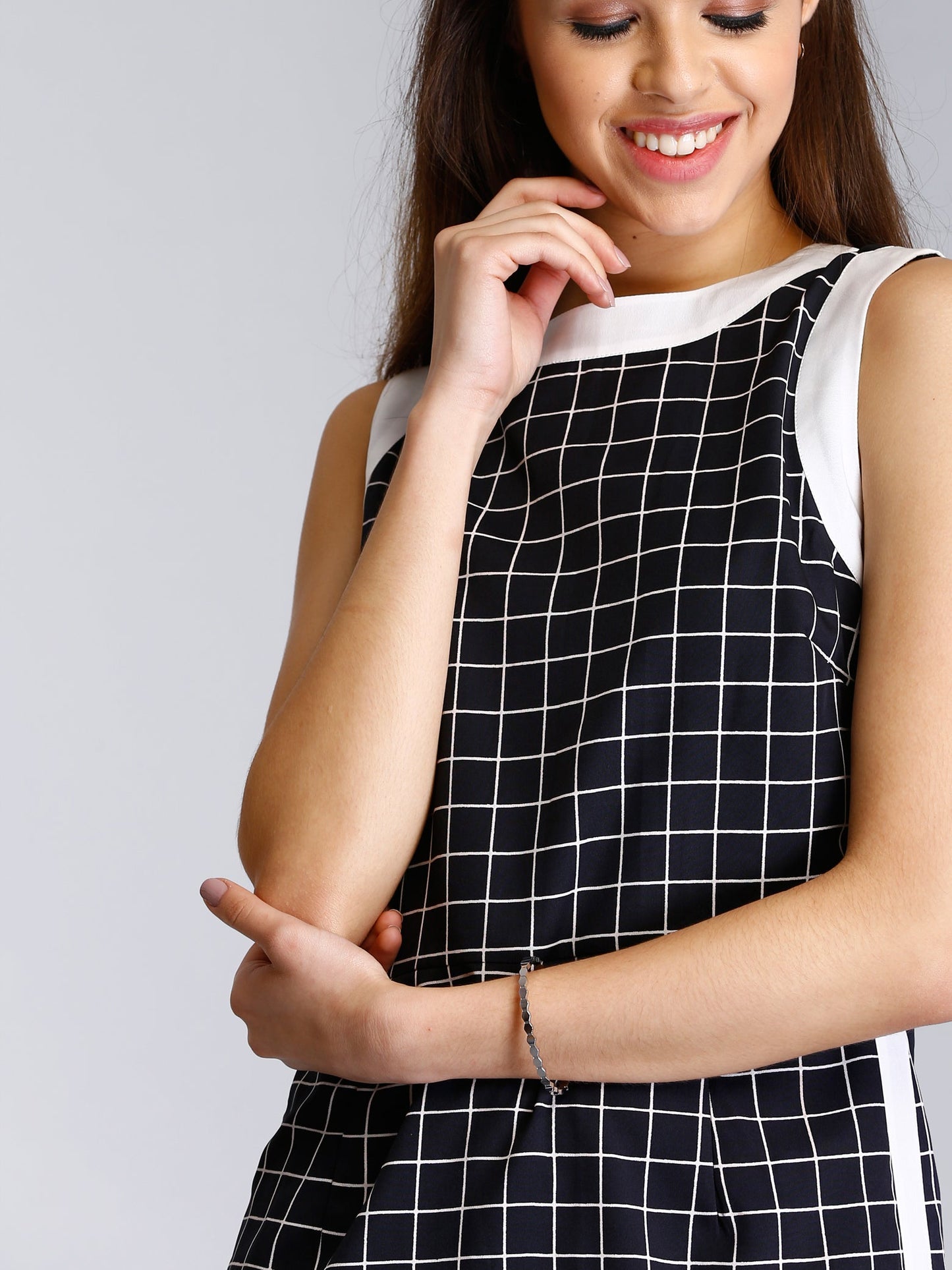 Check Colour Block Sheath Dress - Black and White