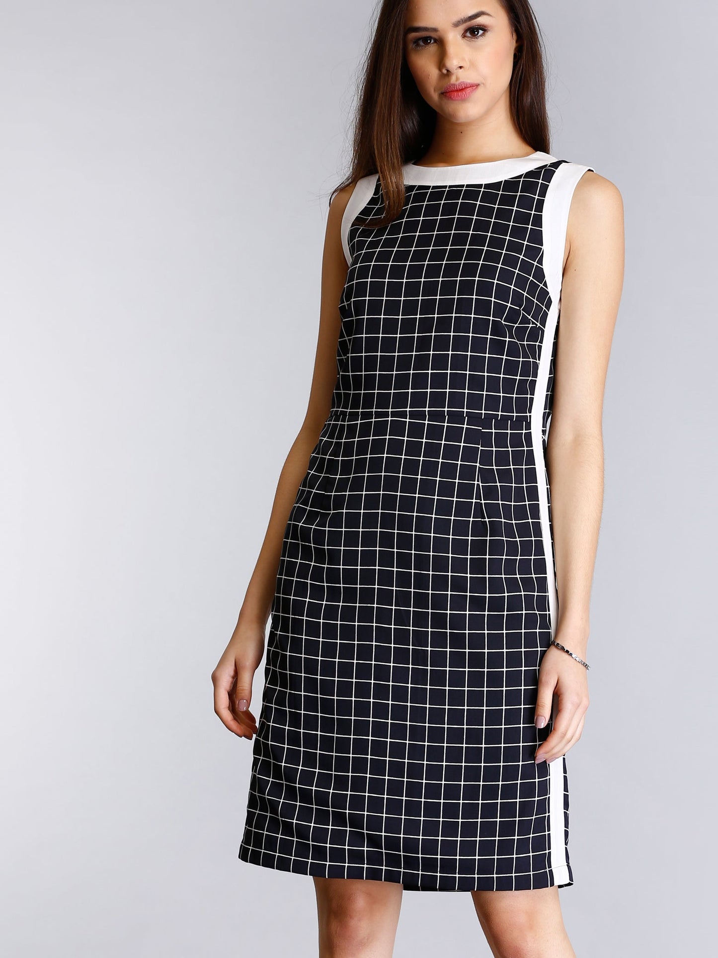 Check Colour Block Sheath Dress - Black and White