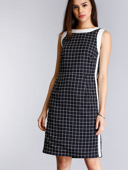 Check Colour Block Sheath Dress - Black and White
