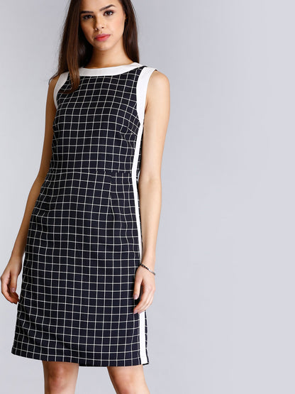 Check Colour Block Sheath Dress - Black and White