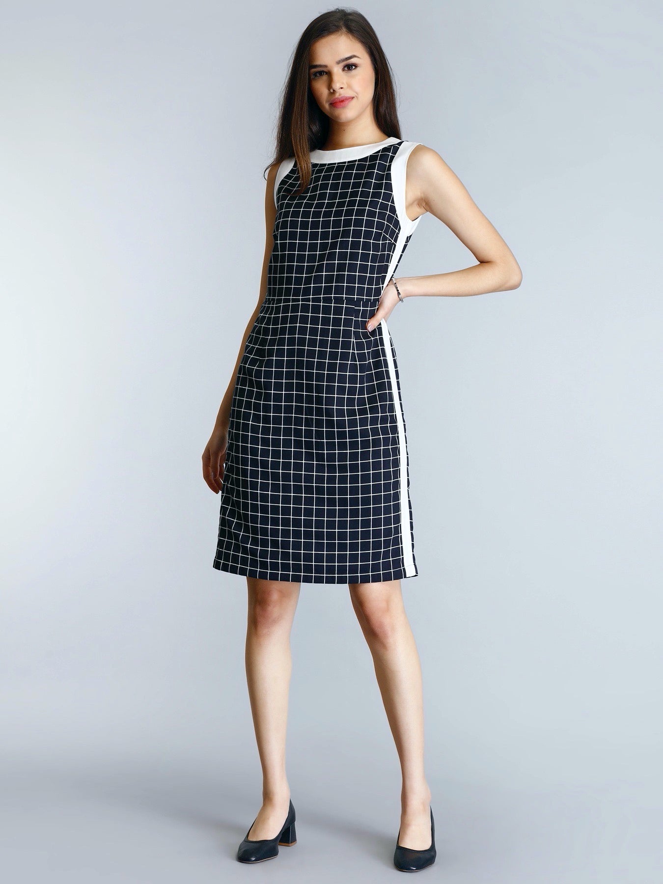 Check Colour Block Sheath Dress - Black and White