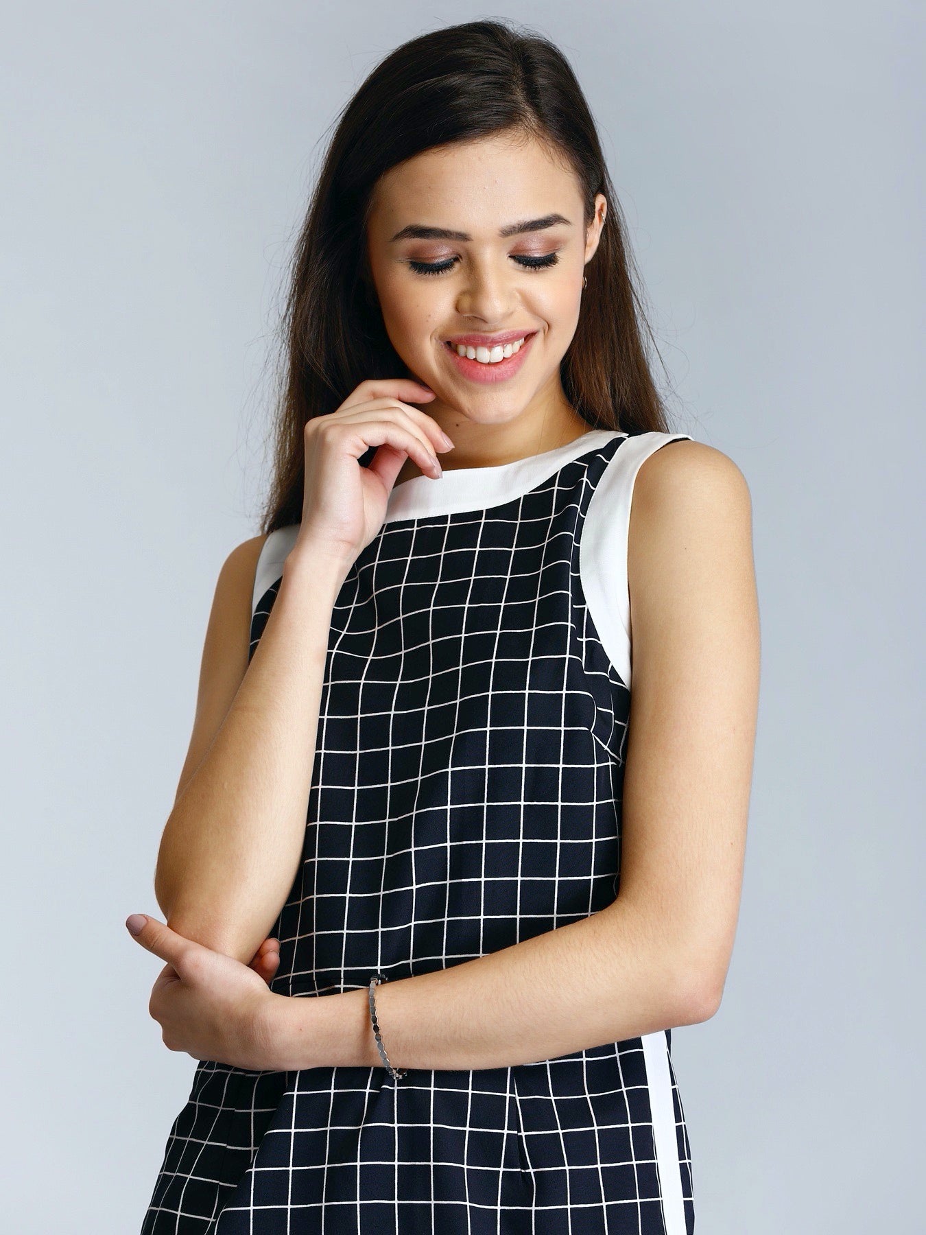 Check Colour Block Sheath Dress - Black and White