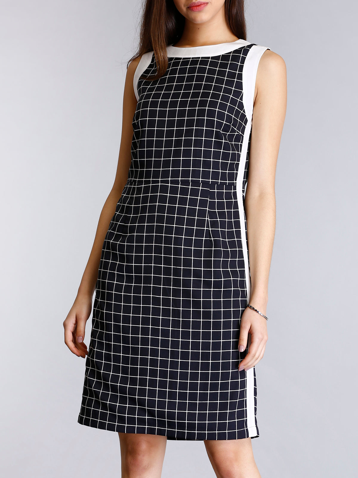 Check Colour Block Sheath Dress - Black and White