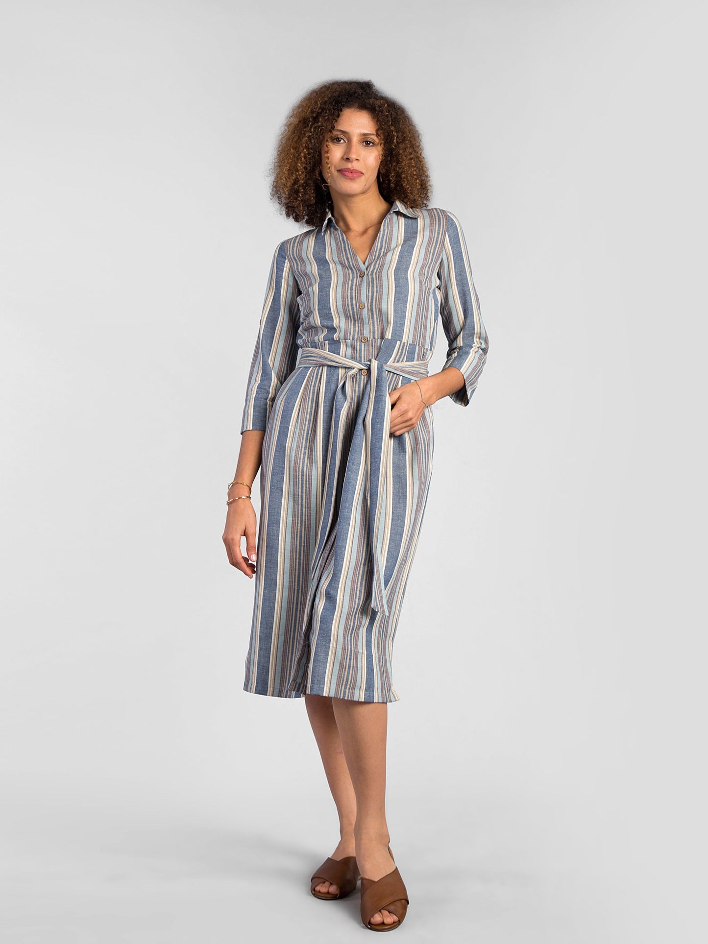 Collared Striped Shirt Dress - Blue