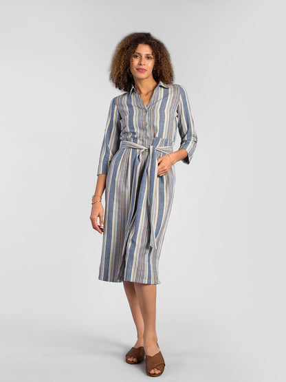 Collared Striped Shirt Dress - Blue
