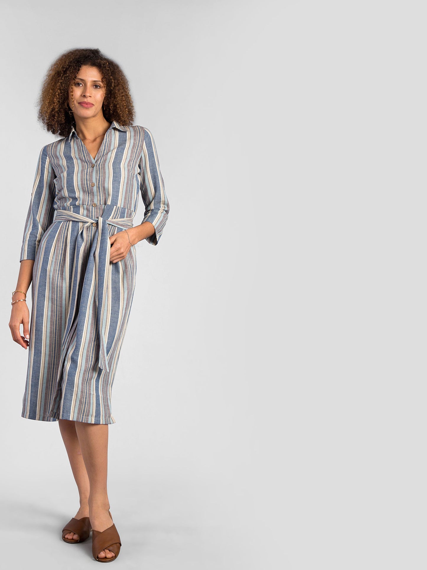 Collared Striped Shirt Dress - Blue