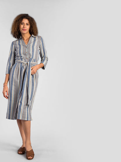 Collared Striped Shirt Dress - Blue