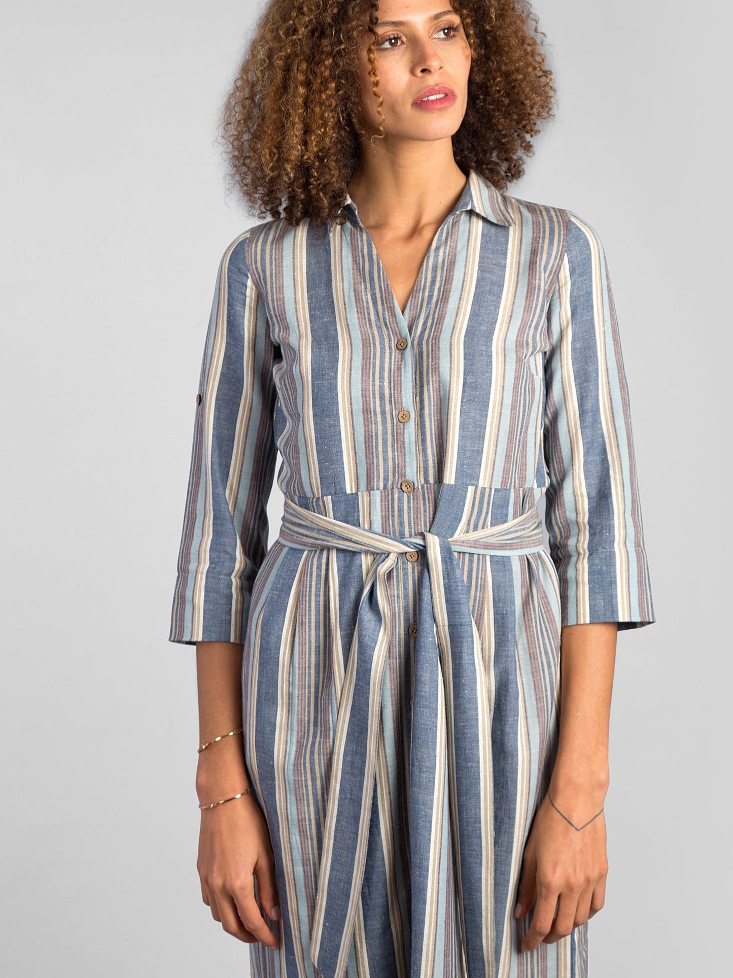 Collared Striped Shirt Dress - Blue