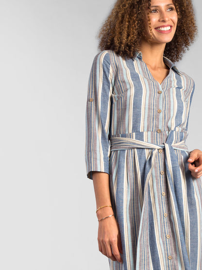 Collared Striped Shirt Dress - Blue