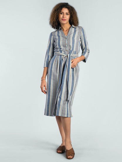 Collared Striped Shirt Dress - Blue