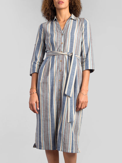 Collared Striped Shirt Dress - Blue