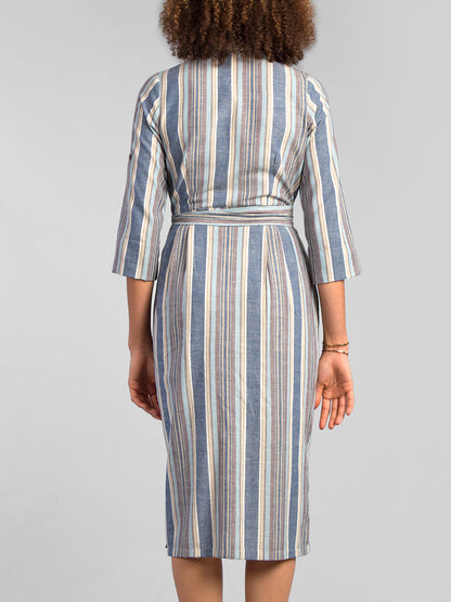 Collared Striped Shirt Dress - Blue