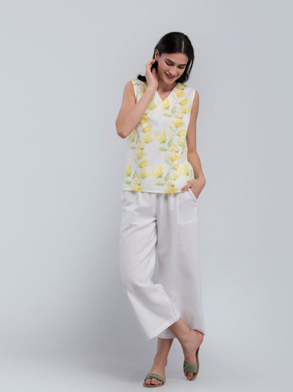 Cotton V Neck Floral Top - Yellow