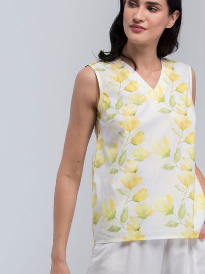 Cotton V Neck Floral Top - Yellow