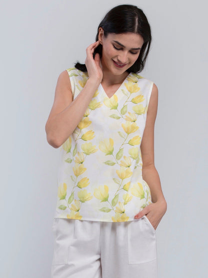 Cotton V Neck Floral Top - Yellow
