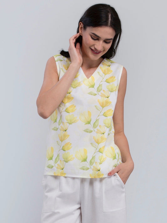 Cotton V Neck Floral Top - Yellow