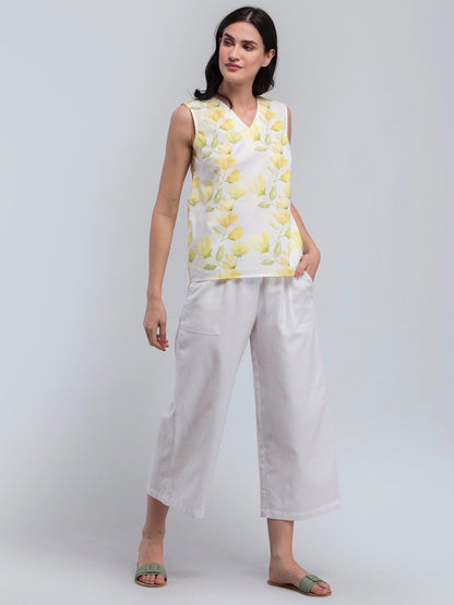 Cotton V Neck Floral Top - Yellow
