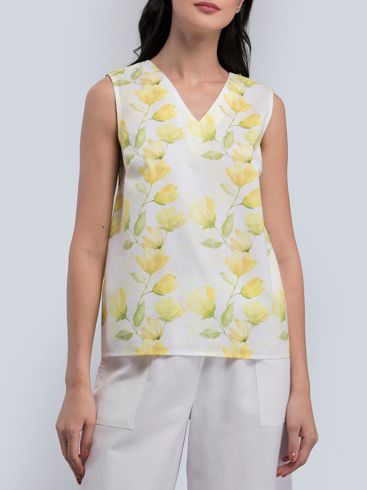 Cotton V Neck Floral Top - Yellow
