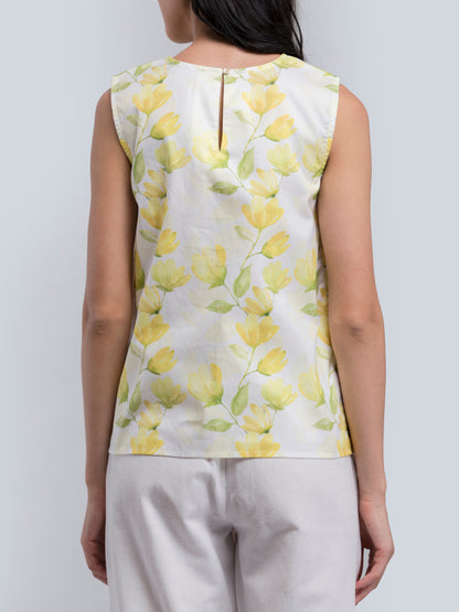 Cotton V Neck Floral Top - Yellow