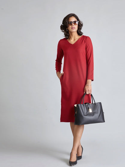 V Neck Full Sleeve Midi Dress - Carmine Red