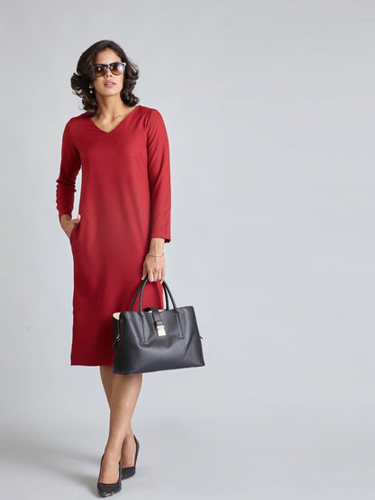 V Neck Full Sleeve Midi Dress - Carmine Red