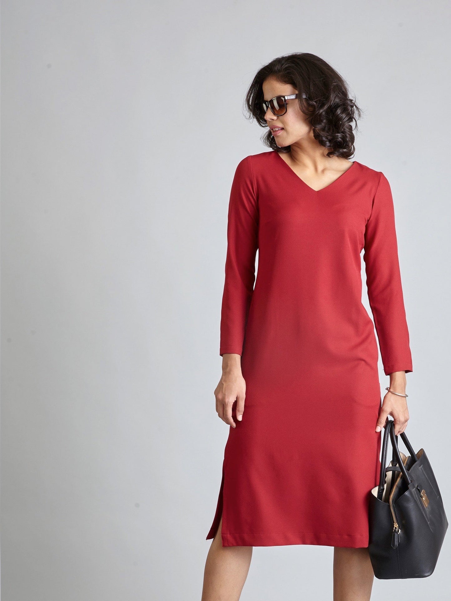 V Neck Full Sleeve Midi Dress - Carmine Red