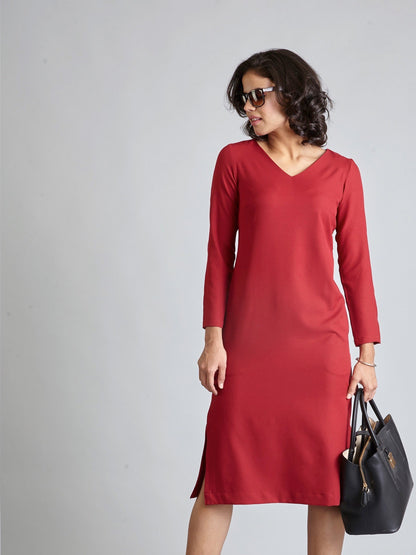 V Neck Full Sleeve Midi Dress - Carmine Red