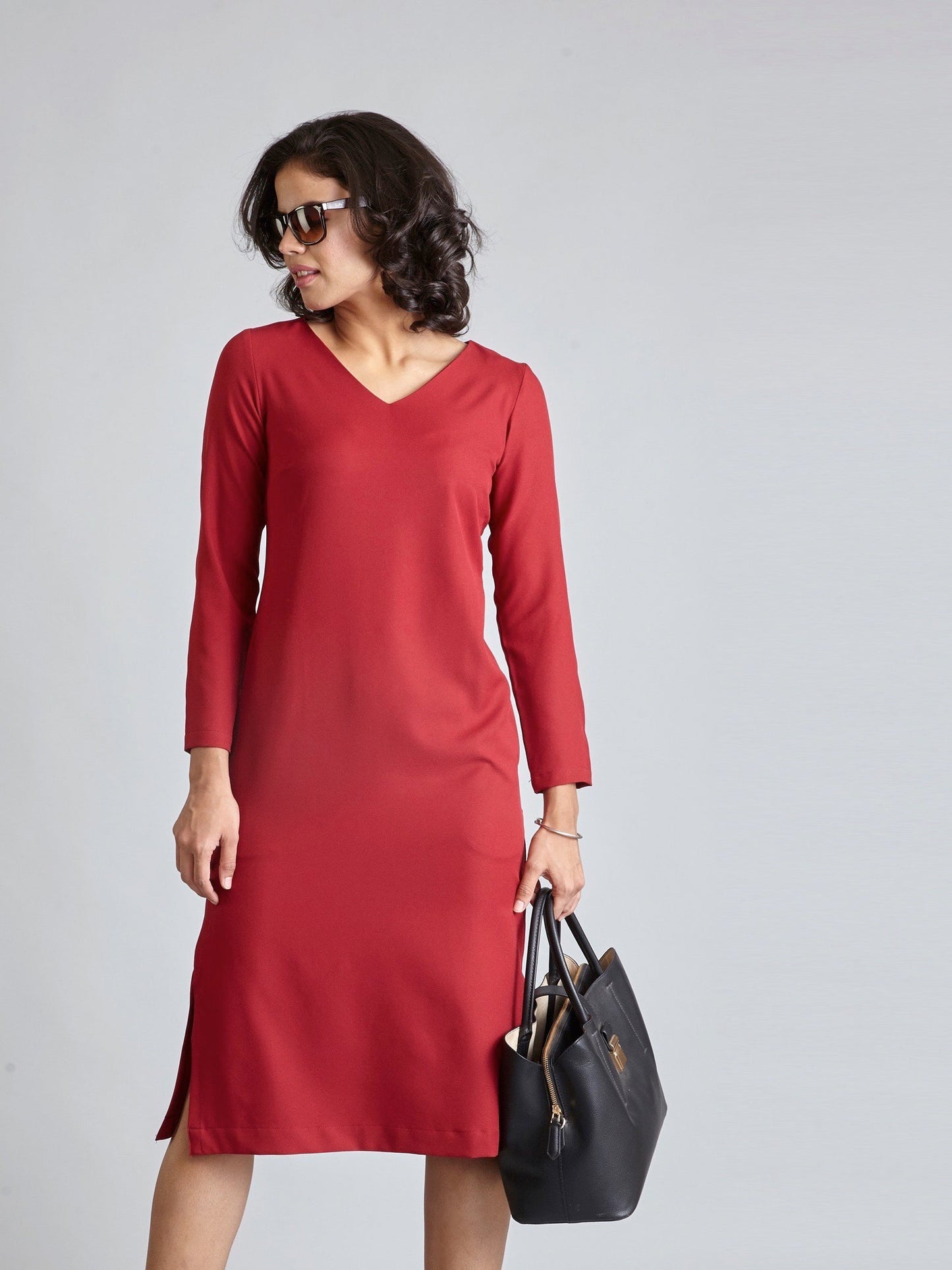 V Neck Full Sleeve Midi Dress - Carmine Red
