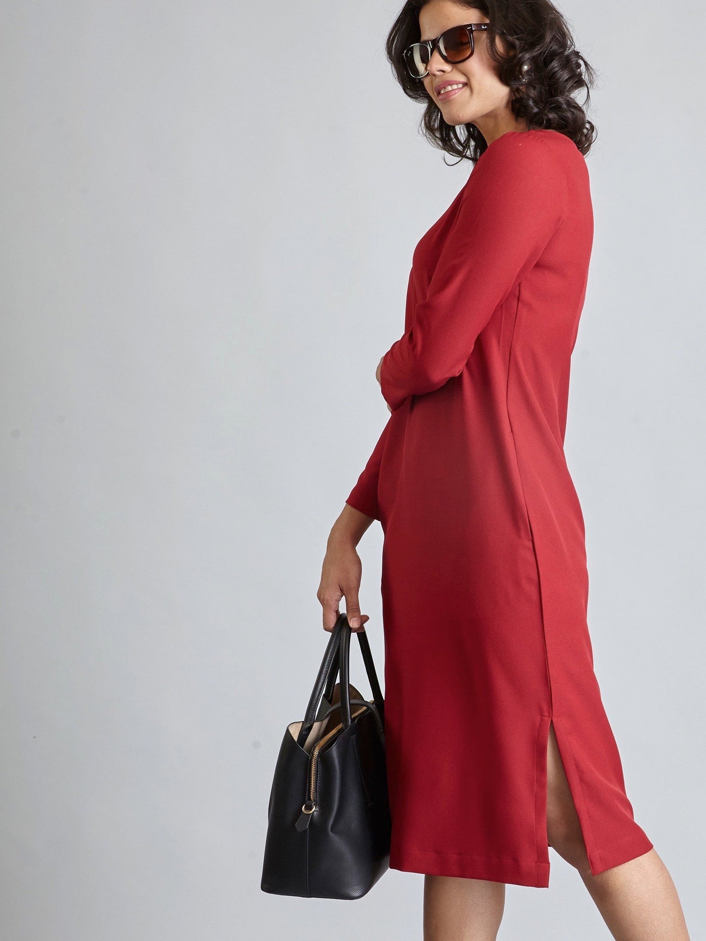 V Neck Full Sleeve Midi Dress - Carmine Red