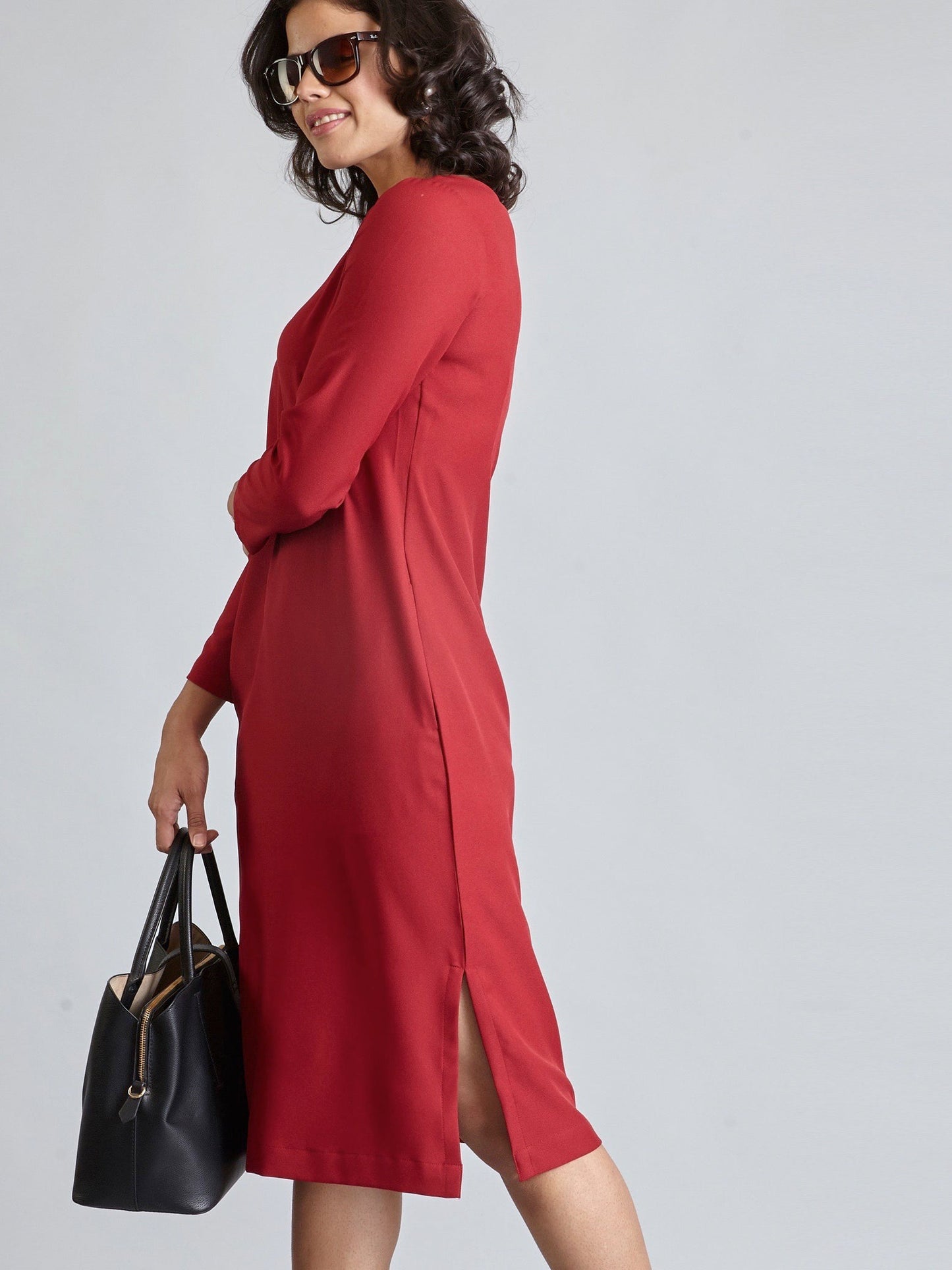 V Neck Full Sleeve Midi Dress - Carmine Red