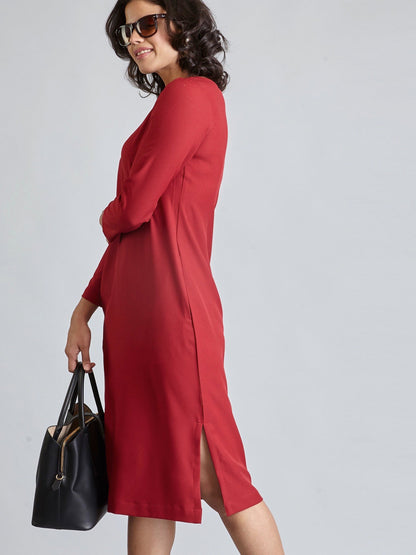 V Neck Full Sleeve Midi Dress - Carmine Red