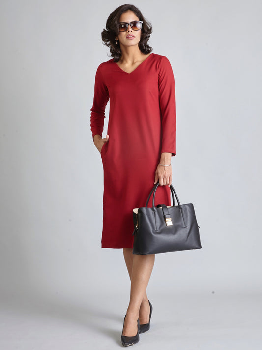 V Neck Full Sleeve Midi Dress - Carmine Red