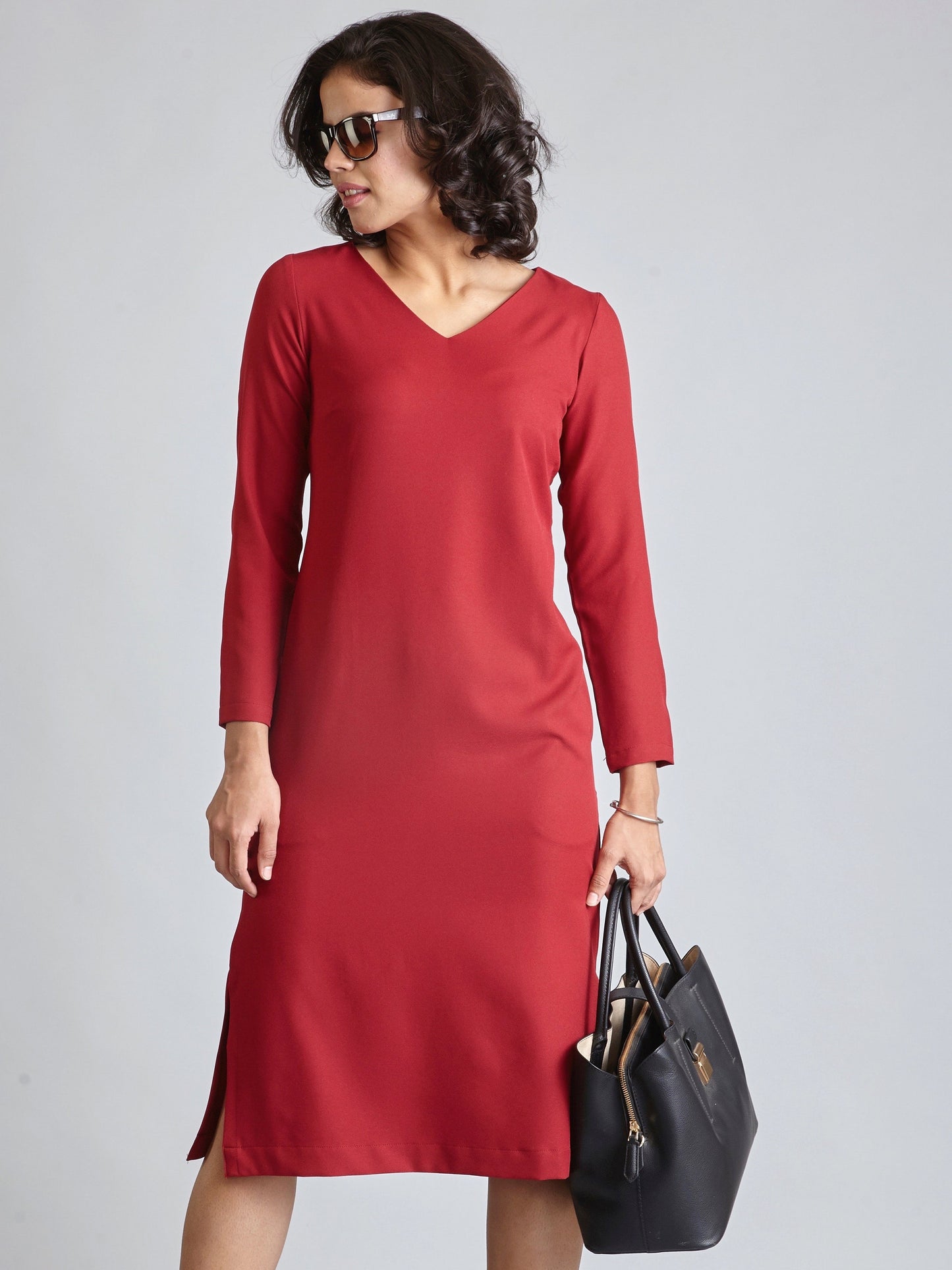 V Neck Full Sleeve Midi Dress - Carmine Red