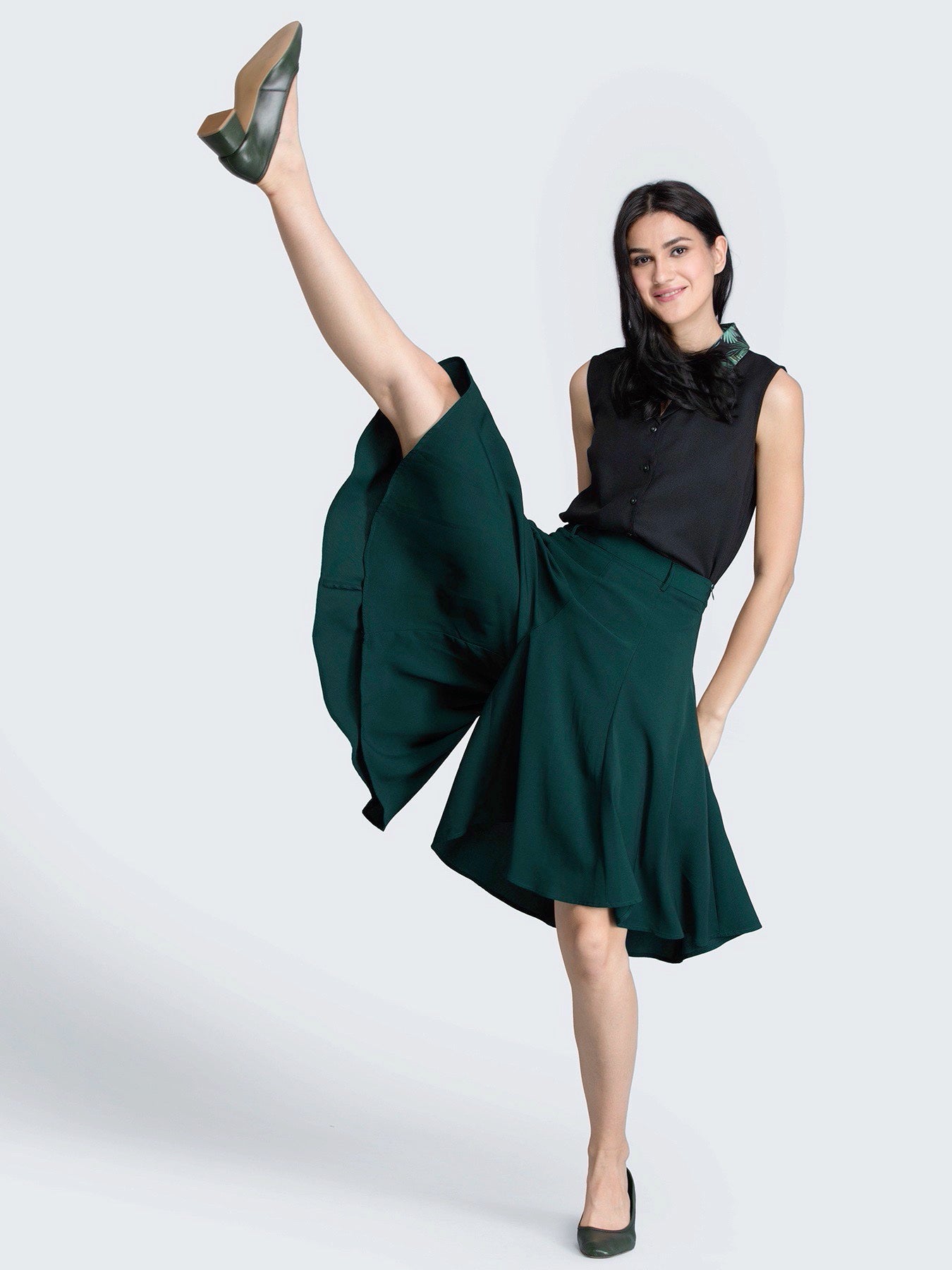 Flared Skort With Panel Detail - Green