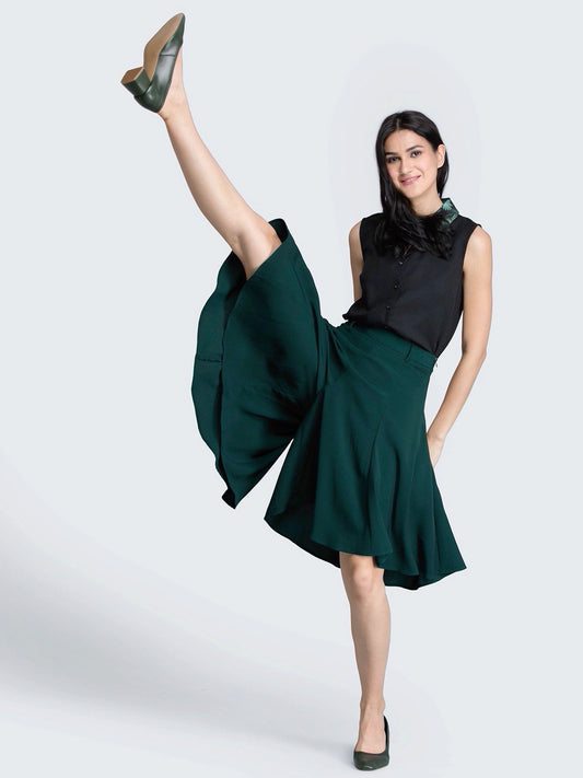 Flared Skort With Panel Detail - Green