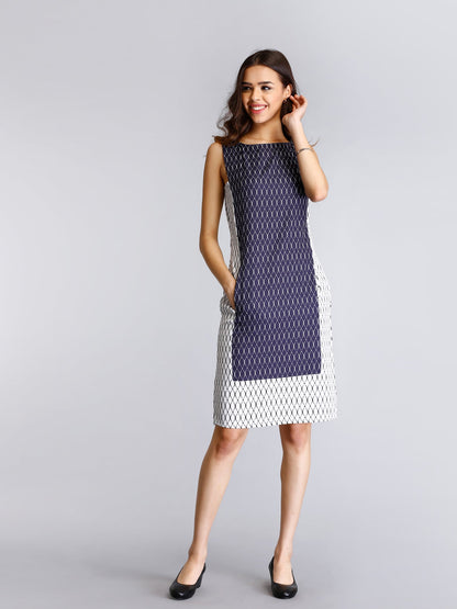 Geometric Print Colour Block Shift Dress - White and Blue