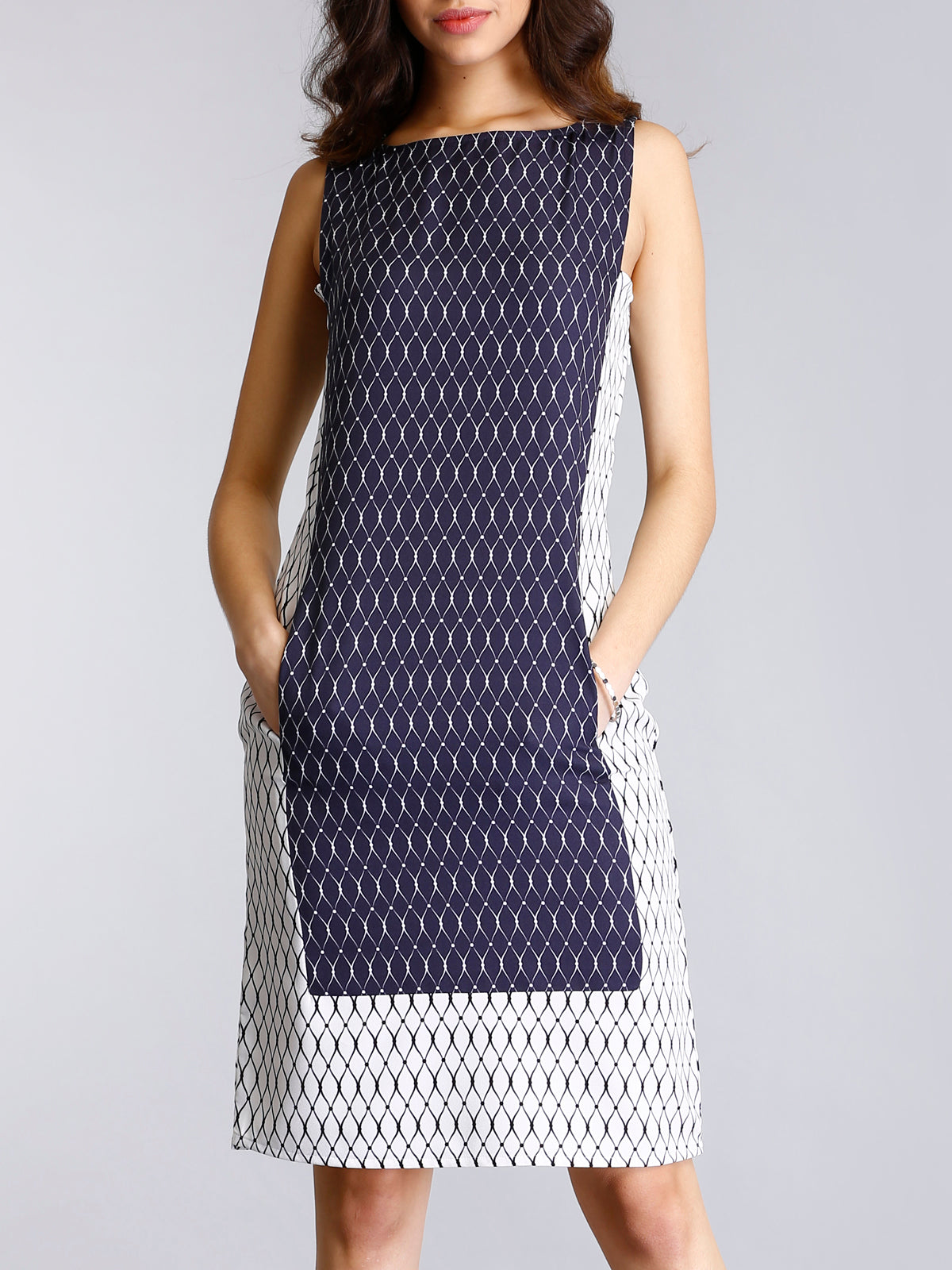 Geometric Print Colour Block Shift Dress - White and Blue