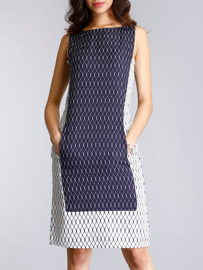 Geometric Print Colour Block Shift Dress - White and Blue