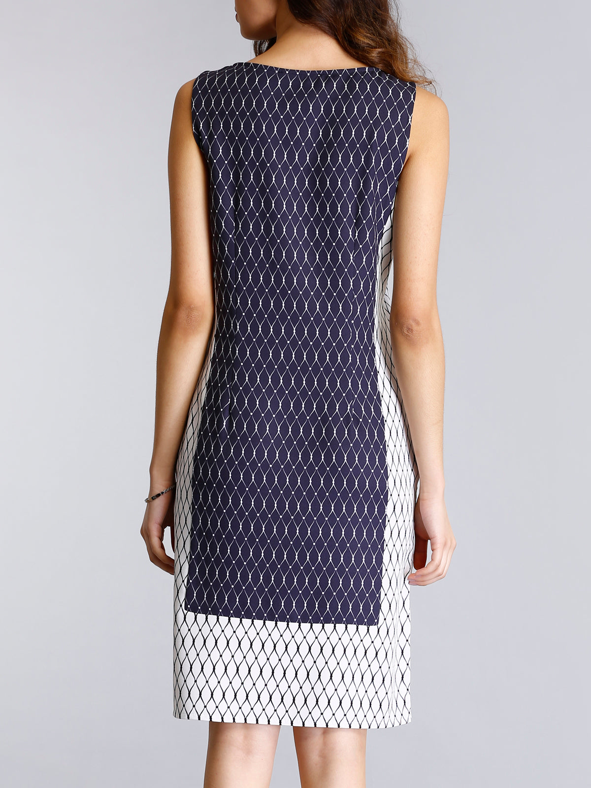 Geometric Print Colour Block Shift Dress - White and Blue