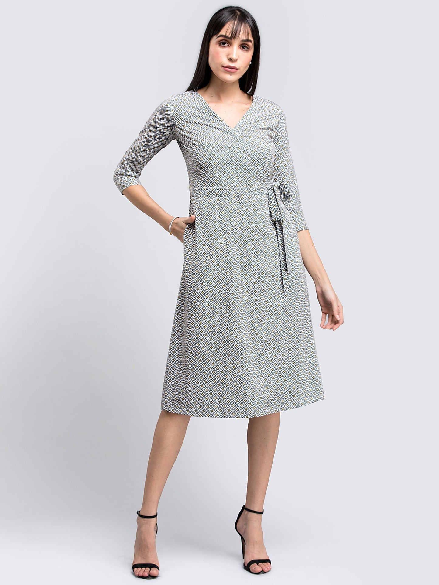 Geometric Print Faux Wrap Dress - Black and White