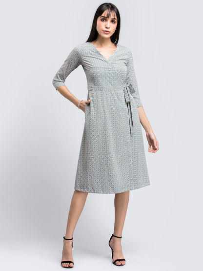 Geometric Print Faux Wrap Dress - Black and White