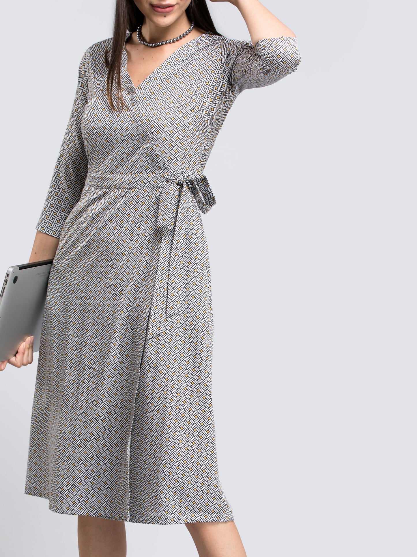 Geometric Print Faux Wrap Dress - Black and White