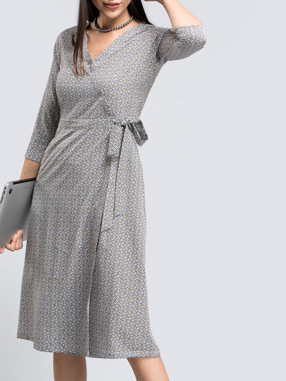 Geometric Print Faux Wrap Dress - Black and White