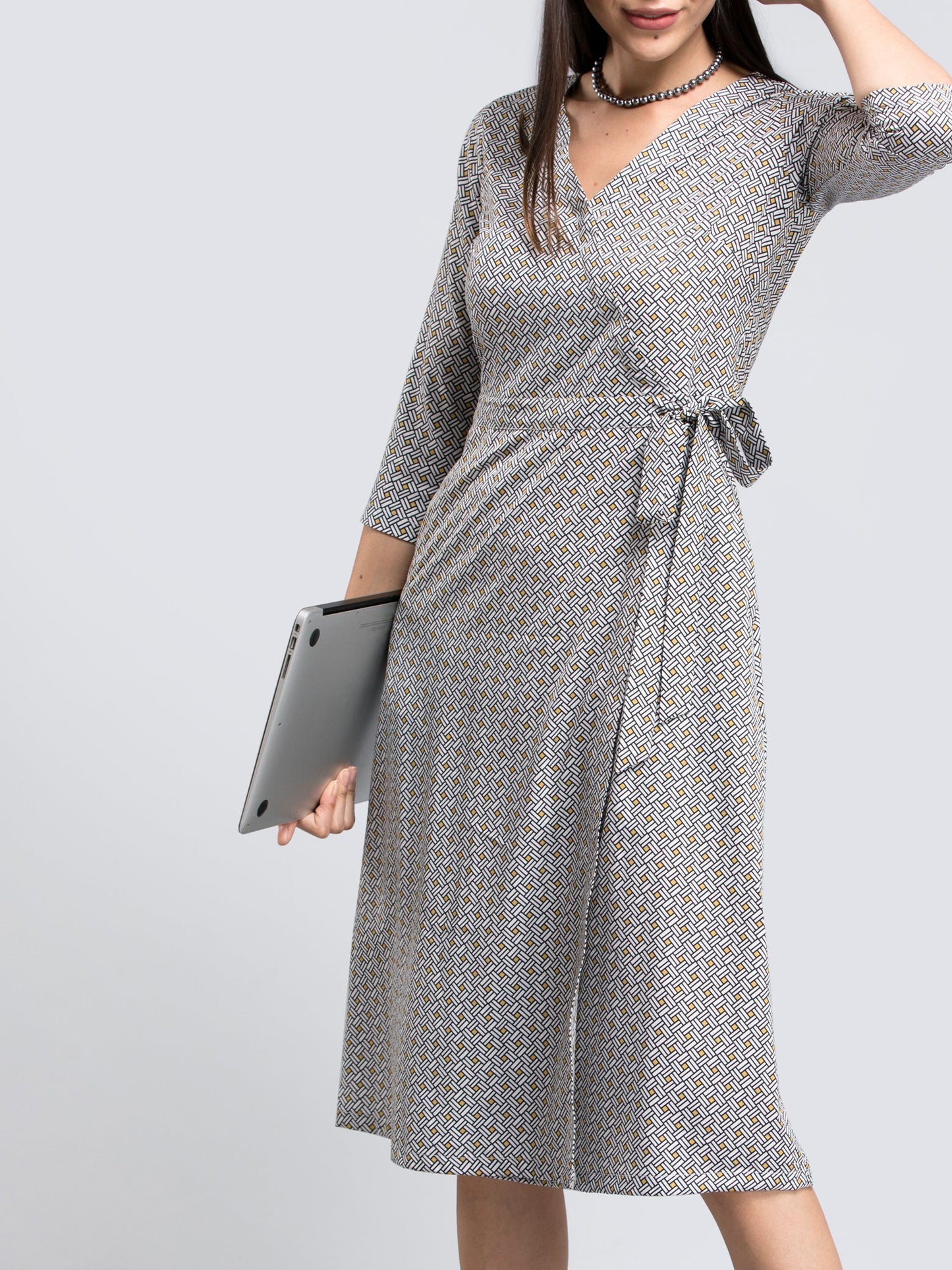 Geometric Print Faux Wrap Dress - Black and White