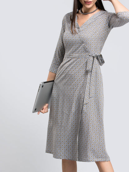 Geometric Print Faux Wrap Dress - Black and White