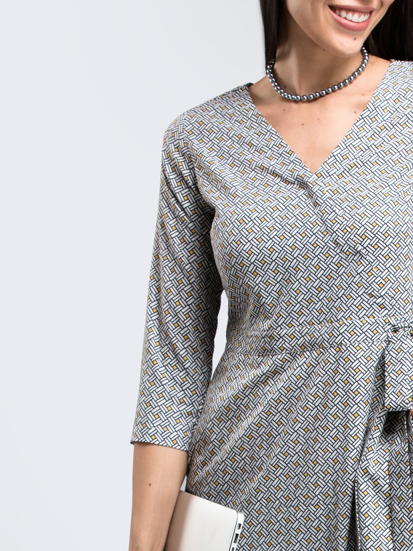 Geometric Print Faux Wrap Dress - Black and White