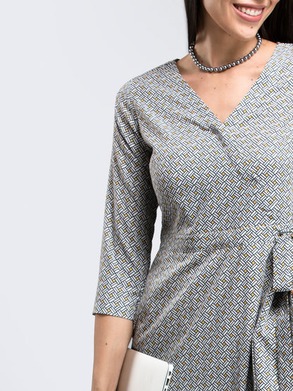 Geometric Print Faux Wrap Dress - Black and White